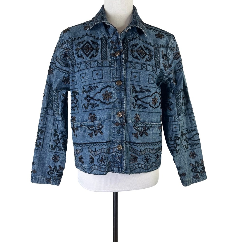 Chicos Design Denim Jacket Beaded Embroidered Blue Silk Lined Womens 0 US S Boho